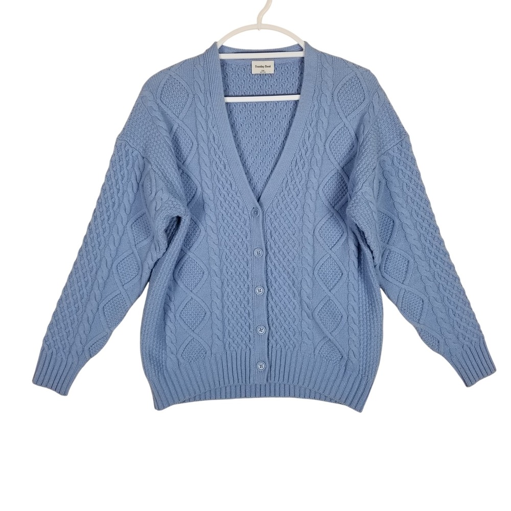Sunday Best Aritzia Cardigan Women 2XS Blue Cable Knit Wool Blend V-Neck 112105